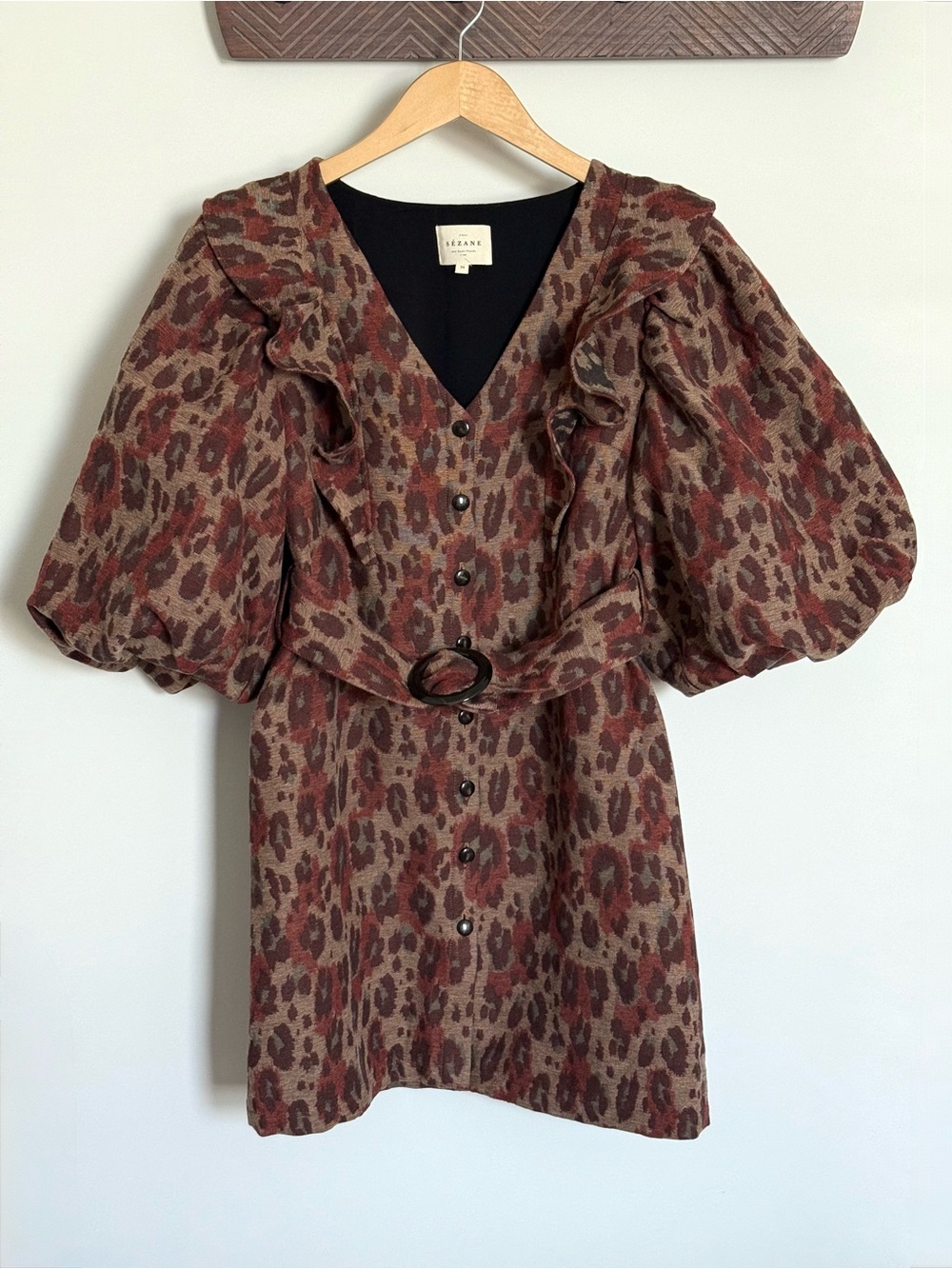 Sezane Lia Dress Jacquard Leopard Bordeaux Belted Mini Ruffle FR 34 US 2 - Picture 3 of 15